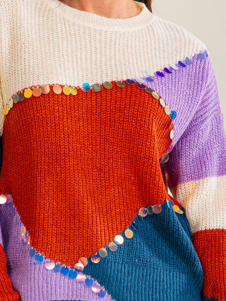 WOMEN'S LONG SLEEVE COLORBLOCK MULTI KNIT PULLOVER SWEATER