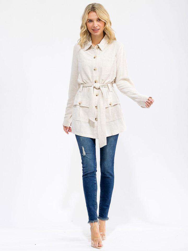 WOMEN'S LONG SLEEVE BUTTON CLOSURE SELF TIE POCKETS CARDIGAN