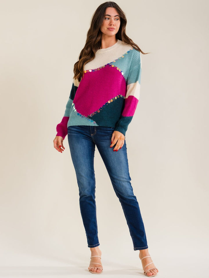 WOMEN'S LONG SLEEVE COLORBLOCK MULTI KNIT PULLOVER SWEATER