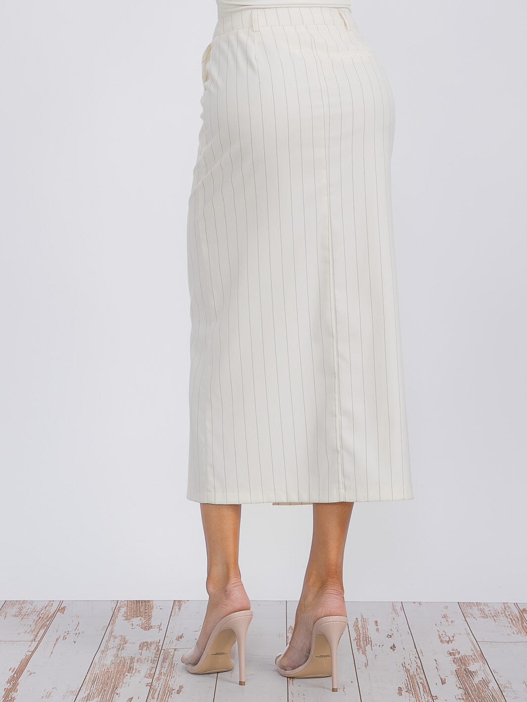 WOMEN'S BUTTON CLOSURE POCKETS FRONT SLIT STRIPES MAXI SKIRT