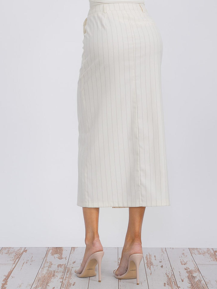 WOMEN'S BUTTON CLOSURE POCKETS FRONT SLIT STRIPES MAXI SKIRT