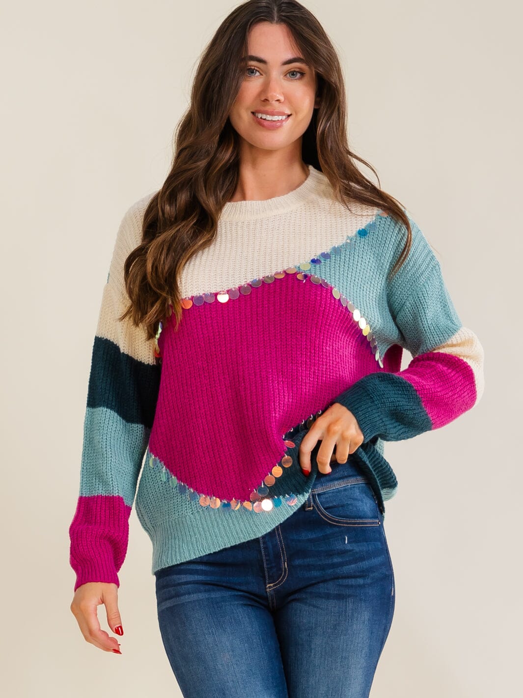 WOMEN'S LONG SLEEVE COLORBLOCK MULTI KNIT PULLOVER SWEATER