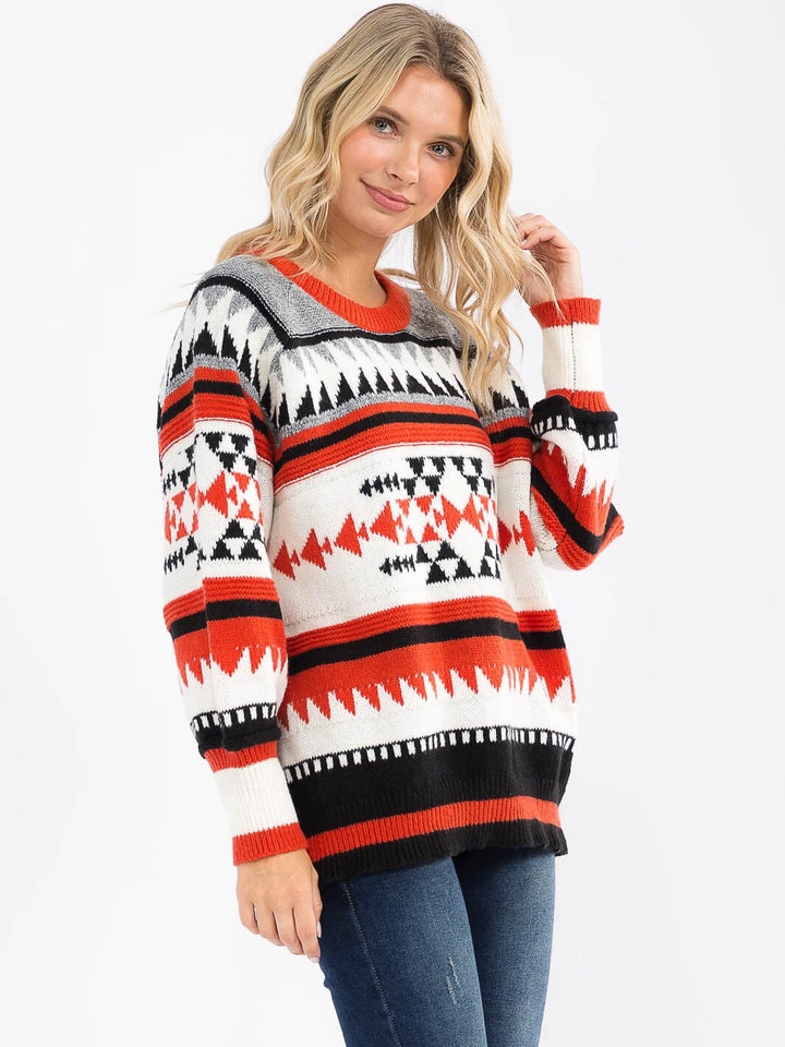 WOMEN'S LONG SLEEVE COLORBLOCK MULTI PRINT PULLOVER SWEATER