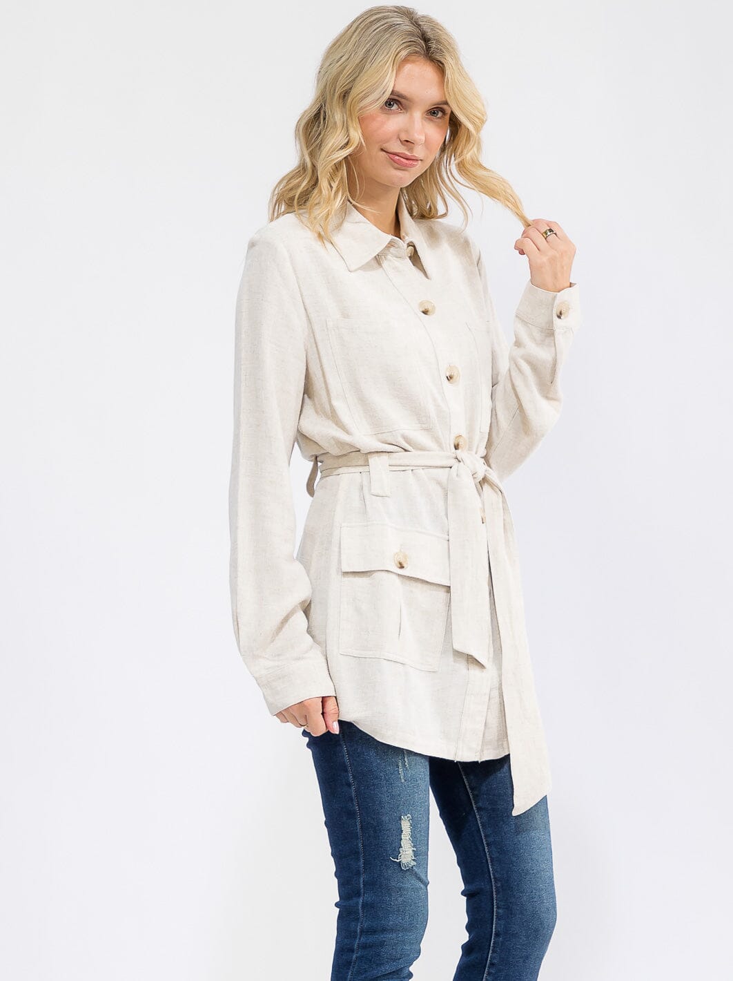 WOMEN'S LONG SLEEVE BUTTON CLOSURE SELF TIE POCKETS CARDIGAN