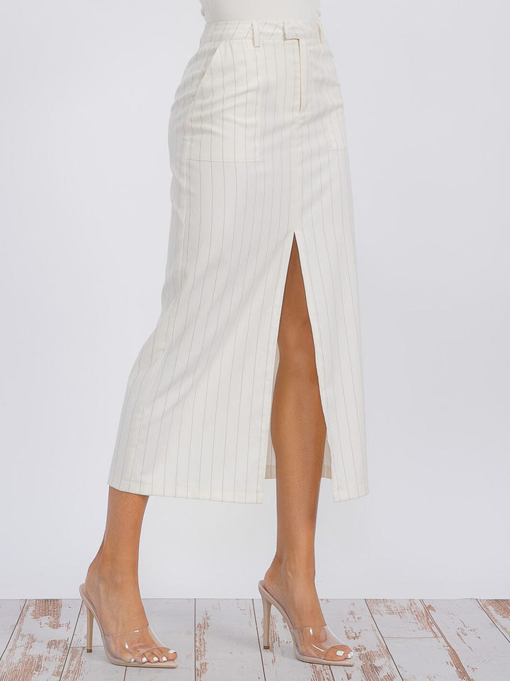 WOMEN'S BUTTON CLOSURE POCKETS FRONT SLIT STRIPES MAXI SKIRT