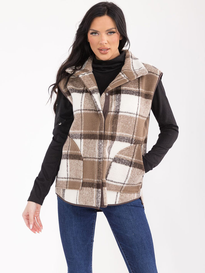 WOMEN'S SLEEVELESS BUTTON CLOSURE FRONT POCKETS PLAID VEST