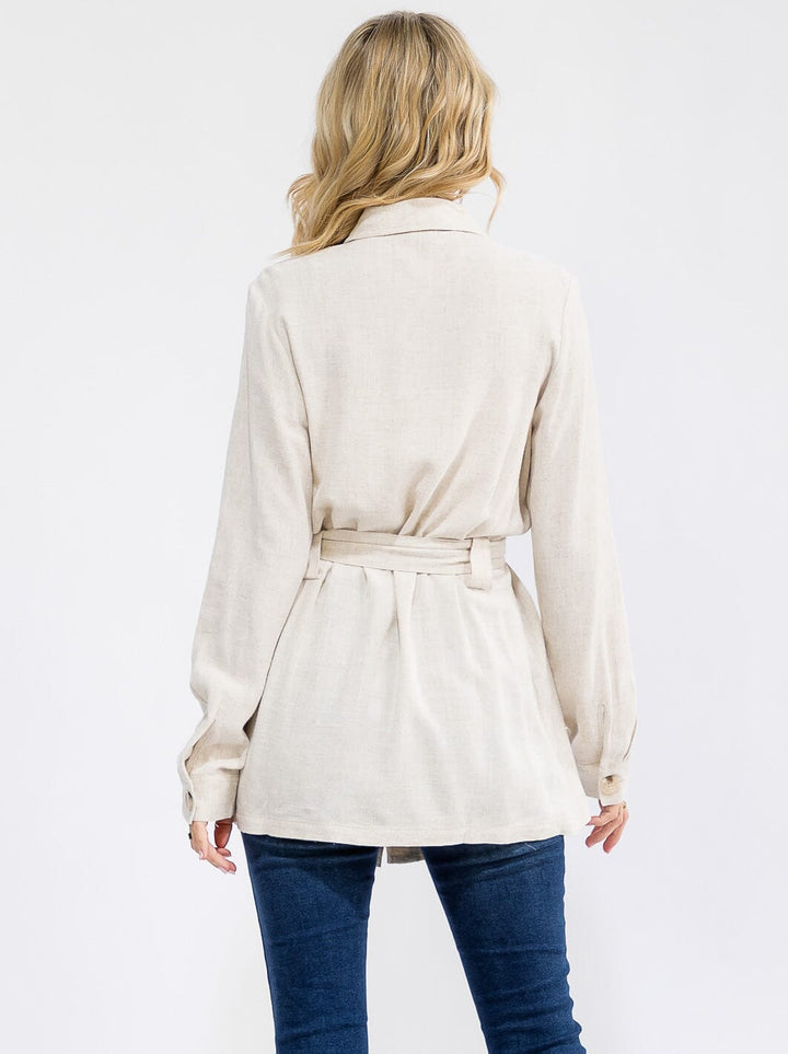 WOMEN'S LONG SLEEVE BUTTON CLOSURE SELF TIE POCKETS CARDIGAN