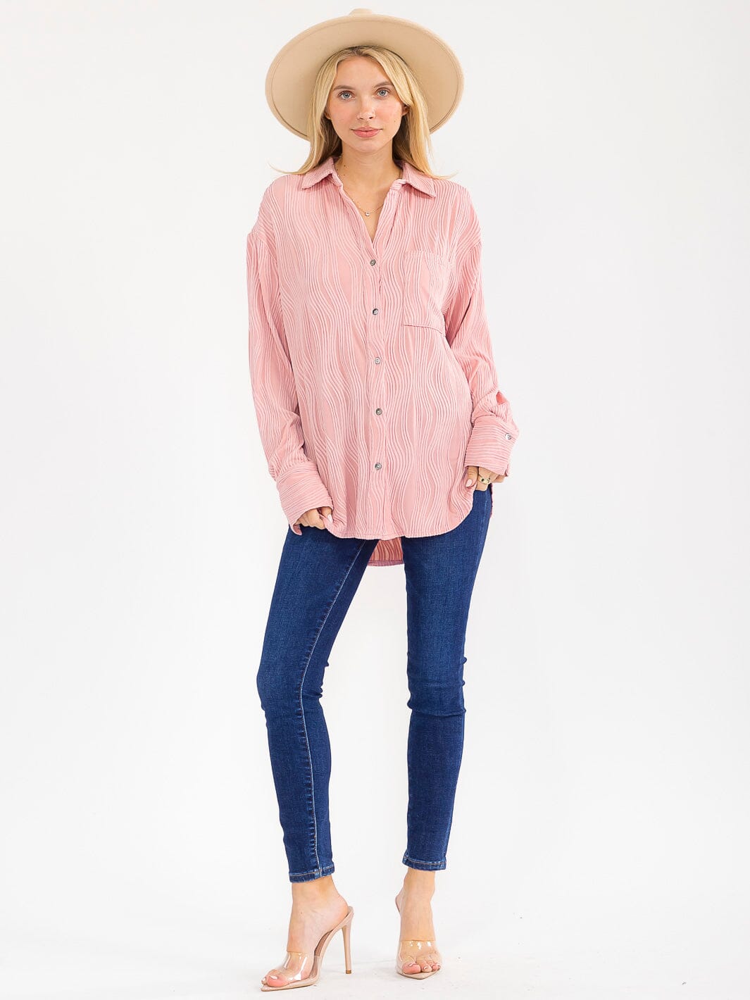 WOMEN'S LONG SLEEVE BUTTON UP FRONT POCKETS DETAILED BLOUSE