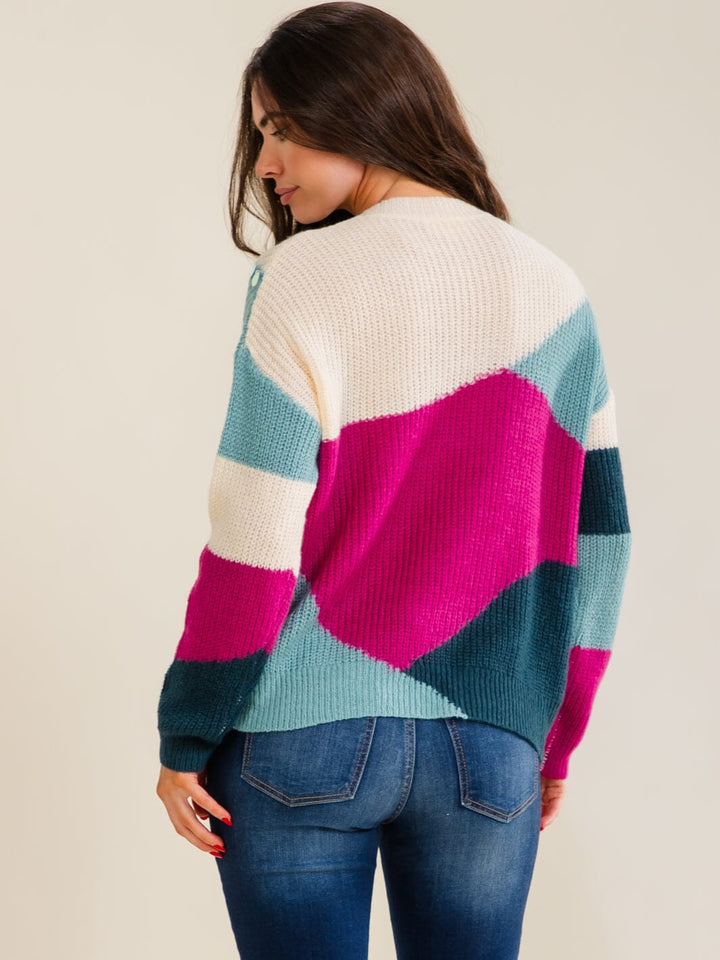 WOMEN'S LONG SLEEVE COLORBLOCK MULTI KNIT PULLOVER SWEATER