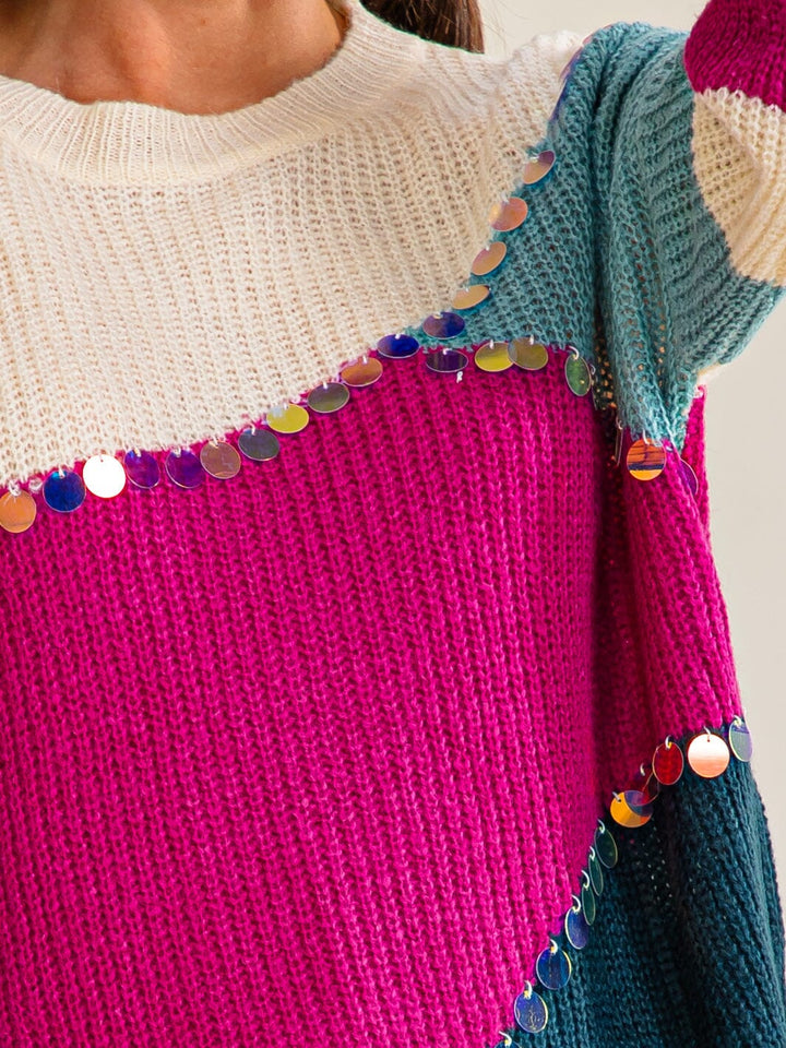 WOMEN'S LONG SLEEVE COLORBLOCK MULTI KNIT PULLOVER SWEATER
