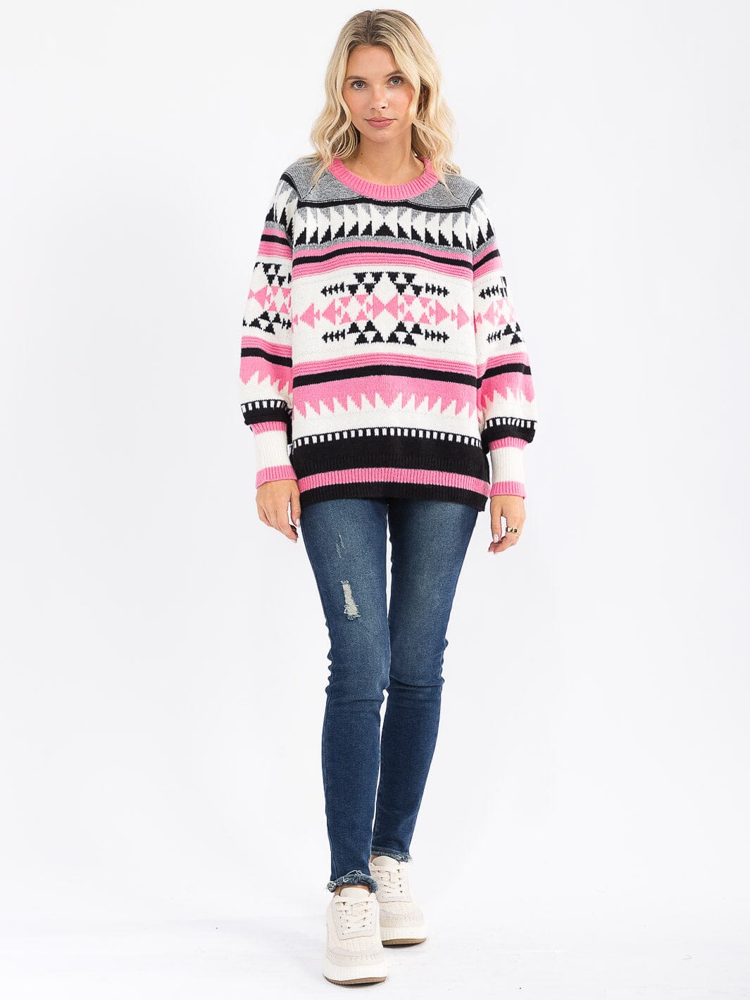 WOMEN'S LONG SLEEVE COLORBLOCK MULTI PRINT PULLOVER SWEATER