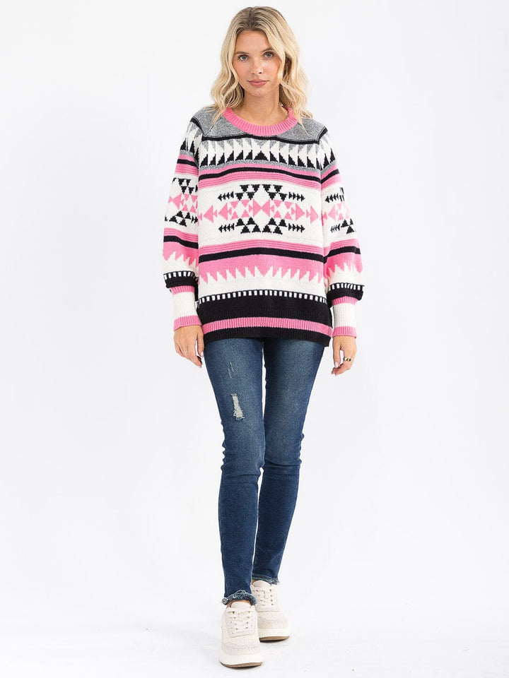 WOMEN'S LONG SLEEVE COLORBLOCK MULTI PRINT PULLOVER SWEATER