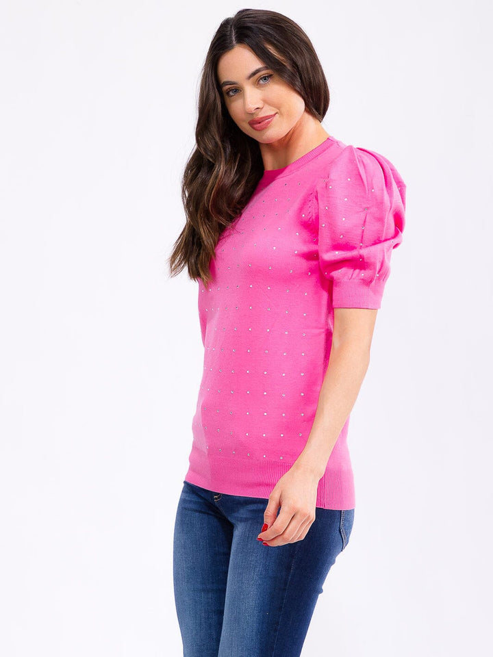 WOMEN'S SHORT PUFF SLEEVE STUDS DETAILED BLOUSE