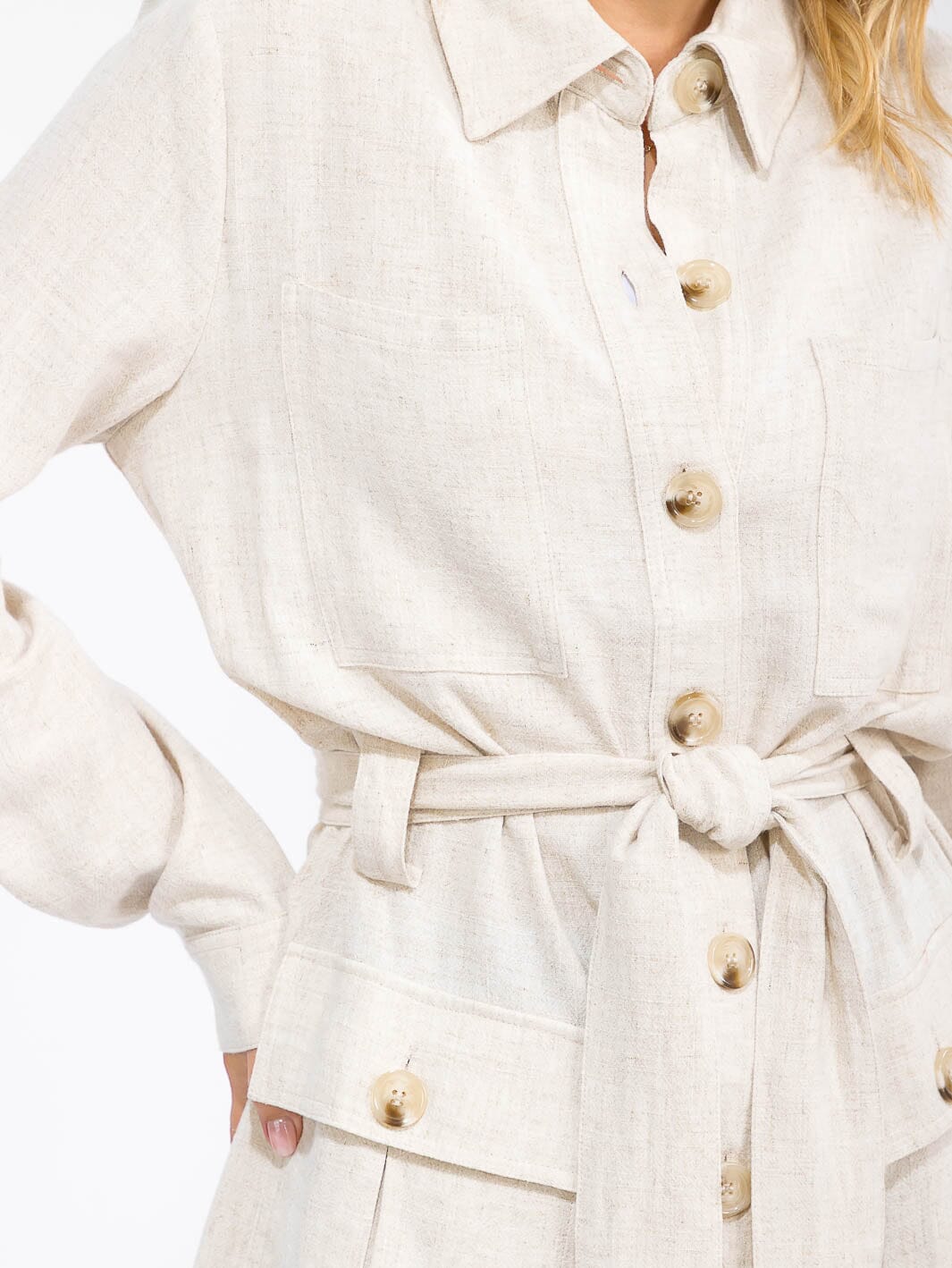 WOMEN'S LONG SLEEVE BUTTON CLOSURE SELF TIE POCKETS CARDIGAN