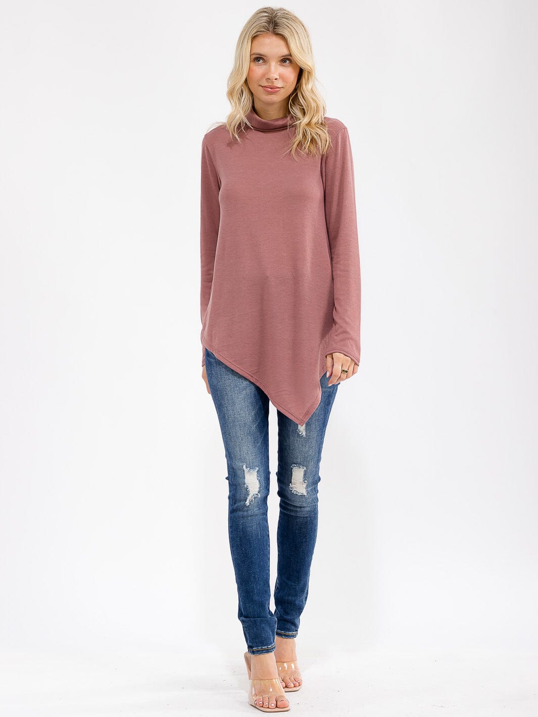 WOMEN'S LONG SLEEVE TURTLE NECK HIGH-LOW TOP