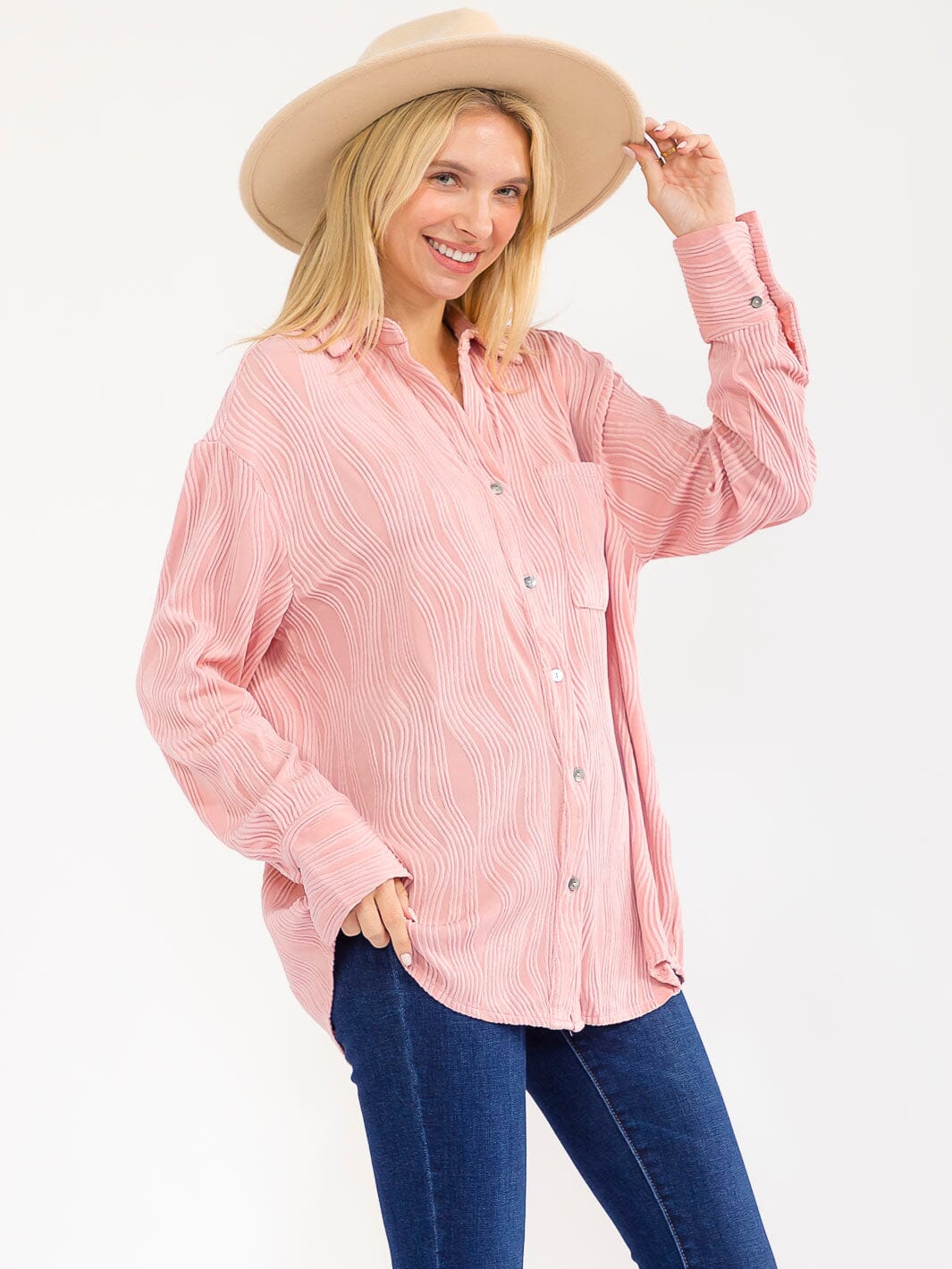 WOMEN'S LONG SLEEVE BUTTON UP FRONT POCKETS DETAILED BLOUSE