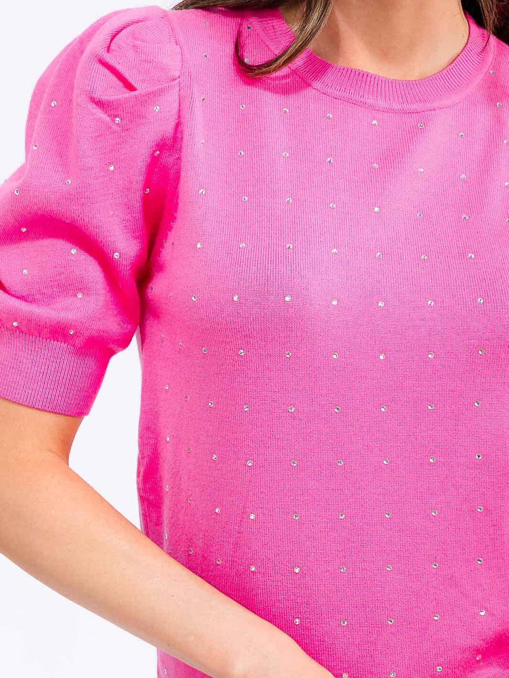 WOMEN'S SHORT PUFF SLEEVE STUDS DETAILED BLOUSE