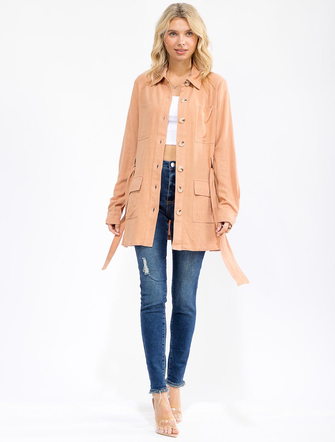 WOMEN'S LONG SLEEVE BUTTON CLOSURE SELF TIE POCKETS CARDIGAN