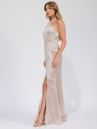 WOMEN'S SLEEVELESS HALTER NECK SIDE SLIT OPEN BACK MAXI GOWN DRESS