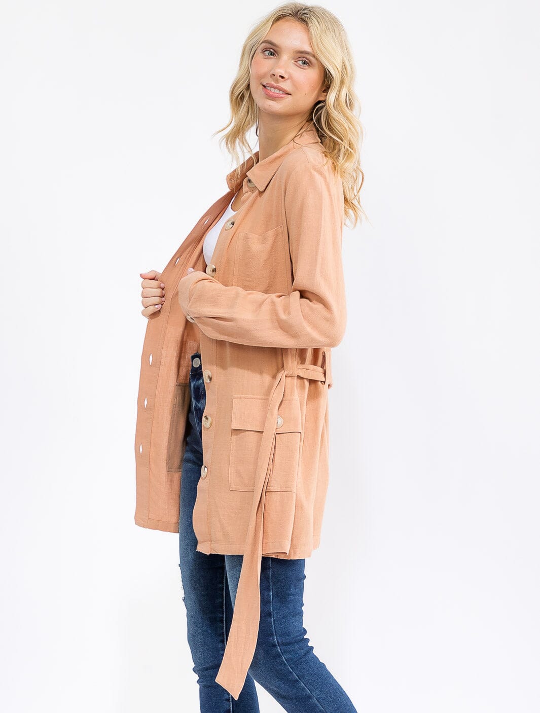 WOMEN'S LONG SLEEVE BUTTON CLOSURE SELF TIE POCKETS CARDIGAN