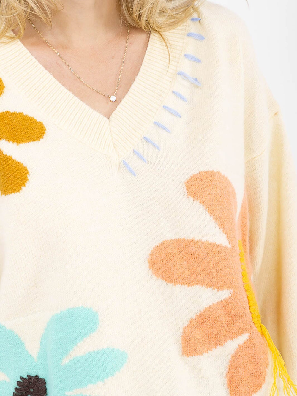 WOMEN'S LONG SLEEVE V-NECK FLORAL PRINT PULLOVER SWEATER