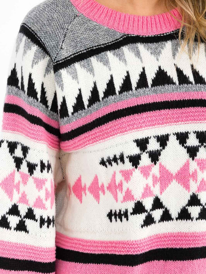 WOMEN'S LONG SLEEVE COLORBLOCK MULTI PRINT PULLOVER SWEATER