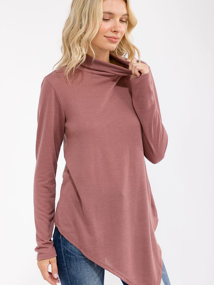 WOMEN'S LONG SLEEVE TURTLE NECK HIGH-LOW TOP