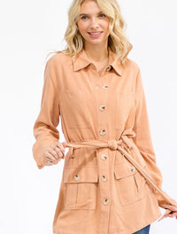 WOMEN'S LONG SLEEVE BUTTON CLOSURE SELF TIE POCKETS CARDIGAN