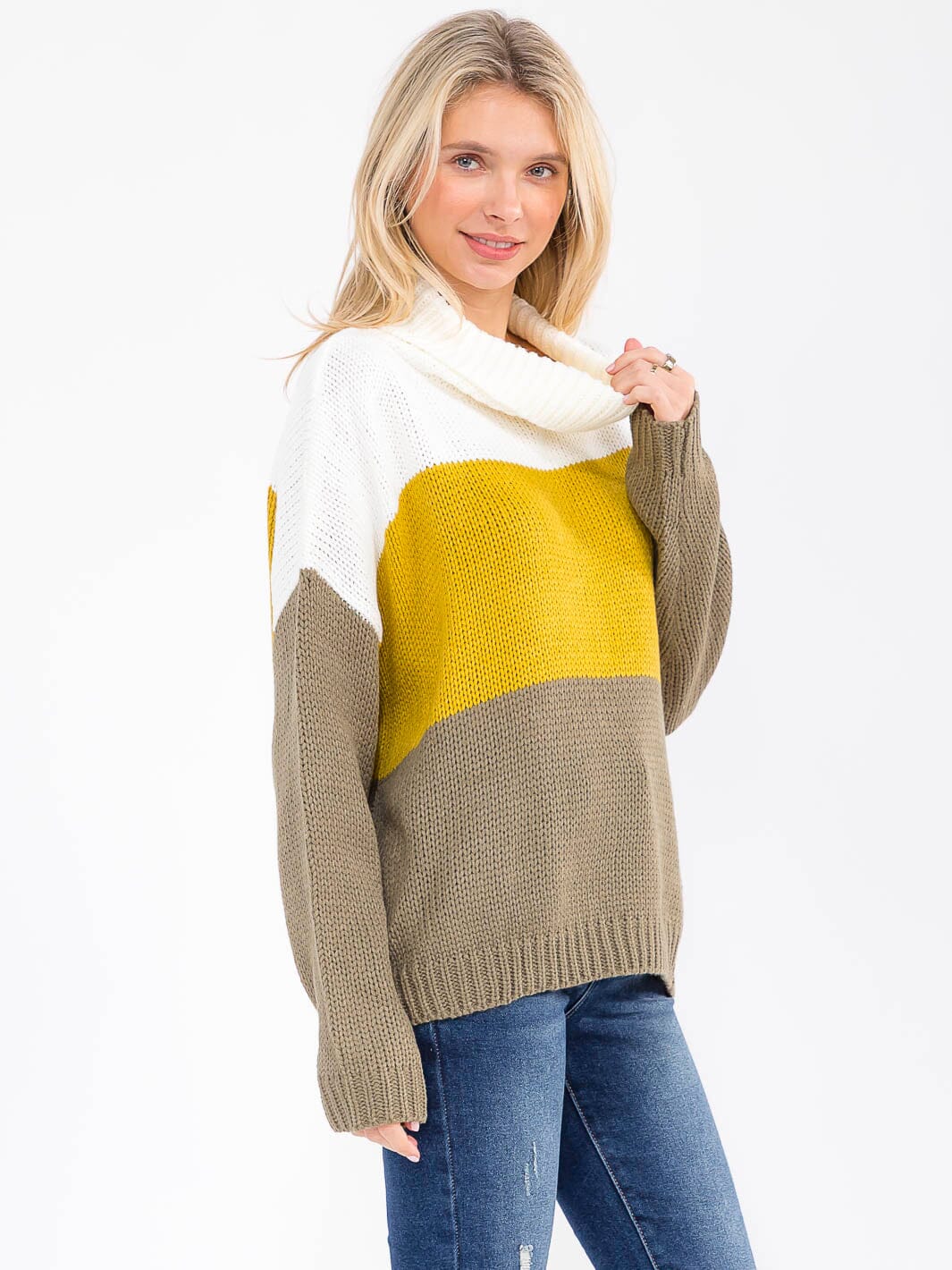 WOMEN'S LONG SLEEVE TURTLE NECK KNIT COLORBLOCK PULLOVER SWEATER