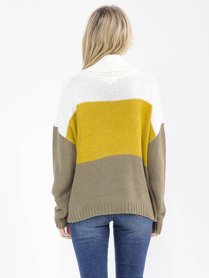 WOMEN'S LONG SLEEVE TURTLE NECK KNIT COLORBLOCK PULLOVER SWEATER