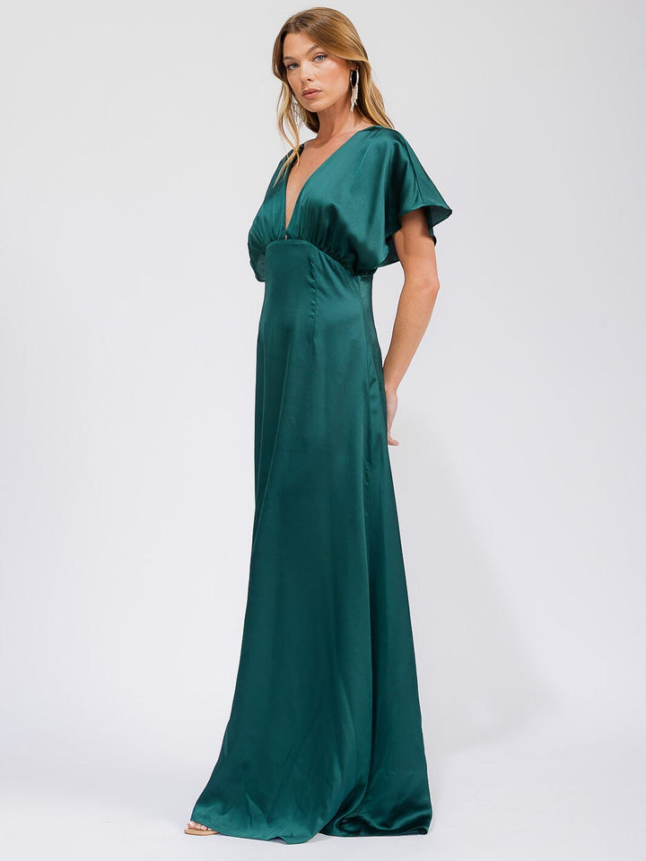 WOMEN'S SHORT SLEEVE V-NECK BACK CUT OUT MAXI GOWN DRESS