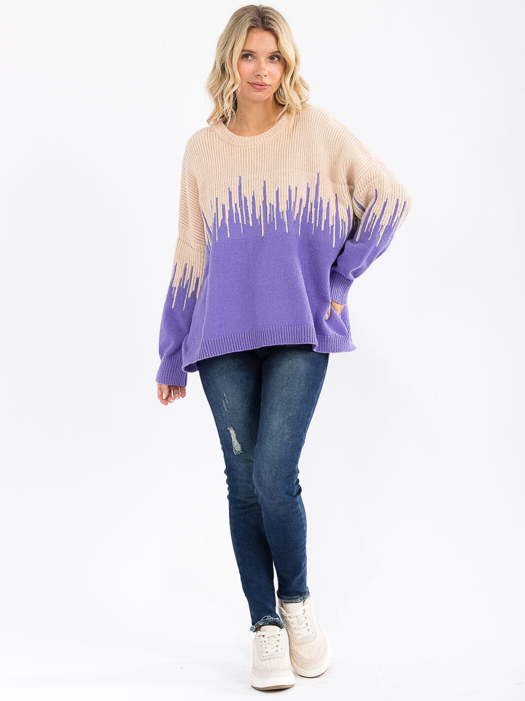 WOMEN'S LONG SLEEVE COLORBLOCK PULLOVER KNIT SWEATER