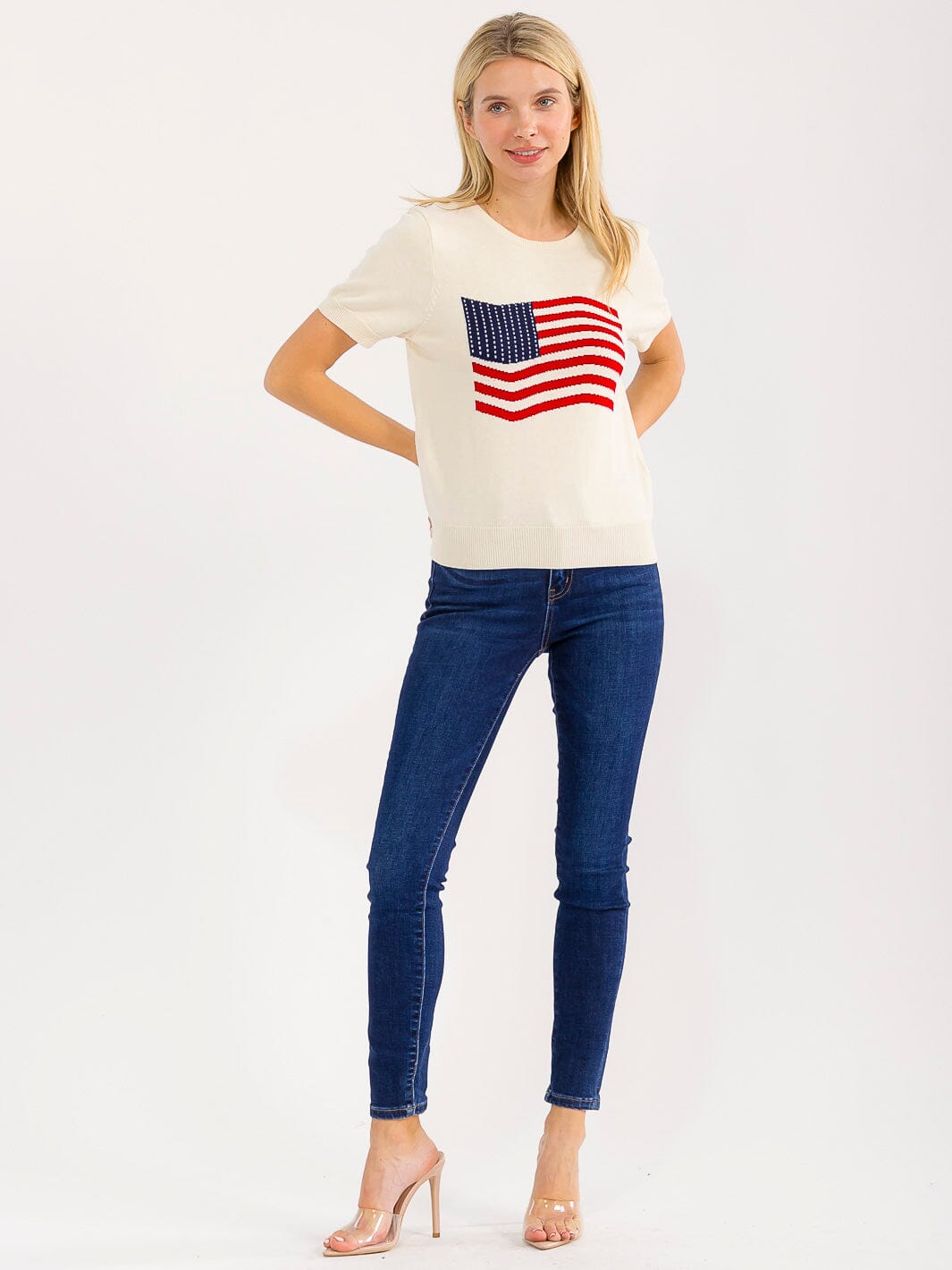 WOMEN'S SHORT SLEEVE AMERICA FLAG KNIT TOP