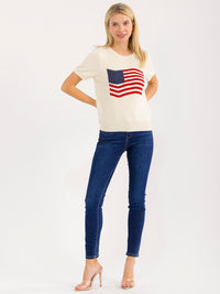 WOMEN'S SHORT SLEEVE AMERICA FLAG KNIT TOP