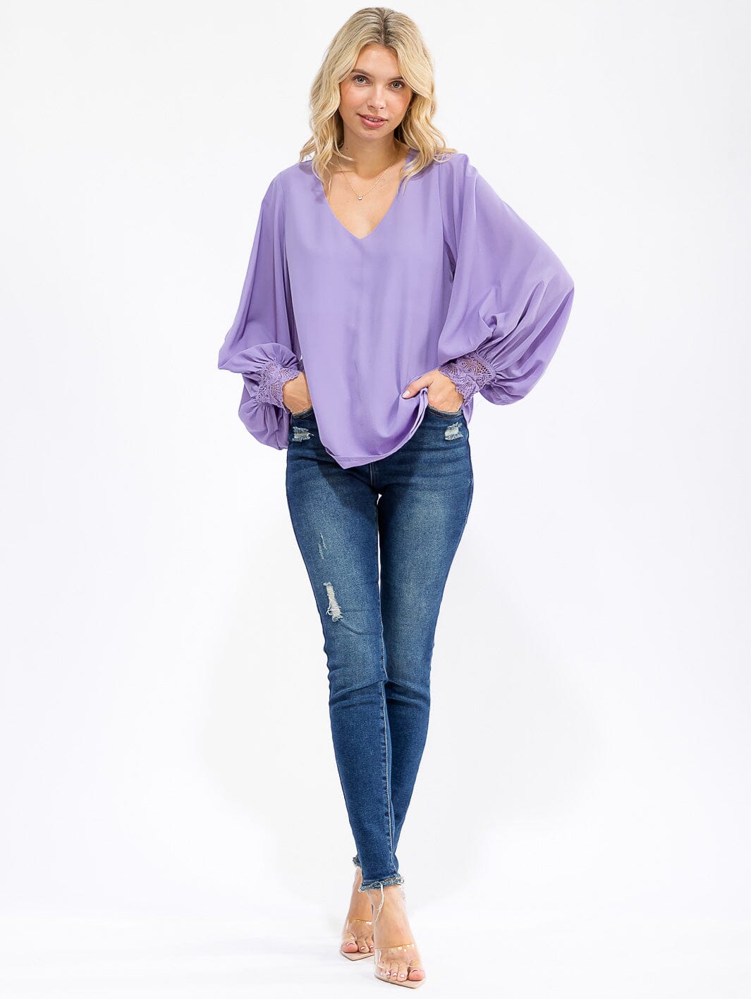 WOMEN'S LONG SLEEVE V-NECK CROCHET DETAILED LOOSE FIT BLOUSE