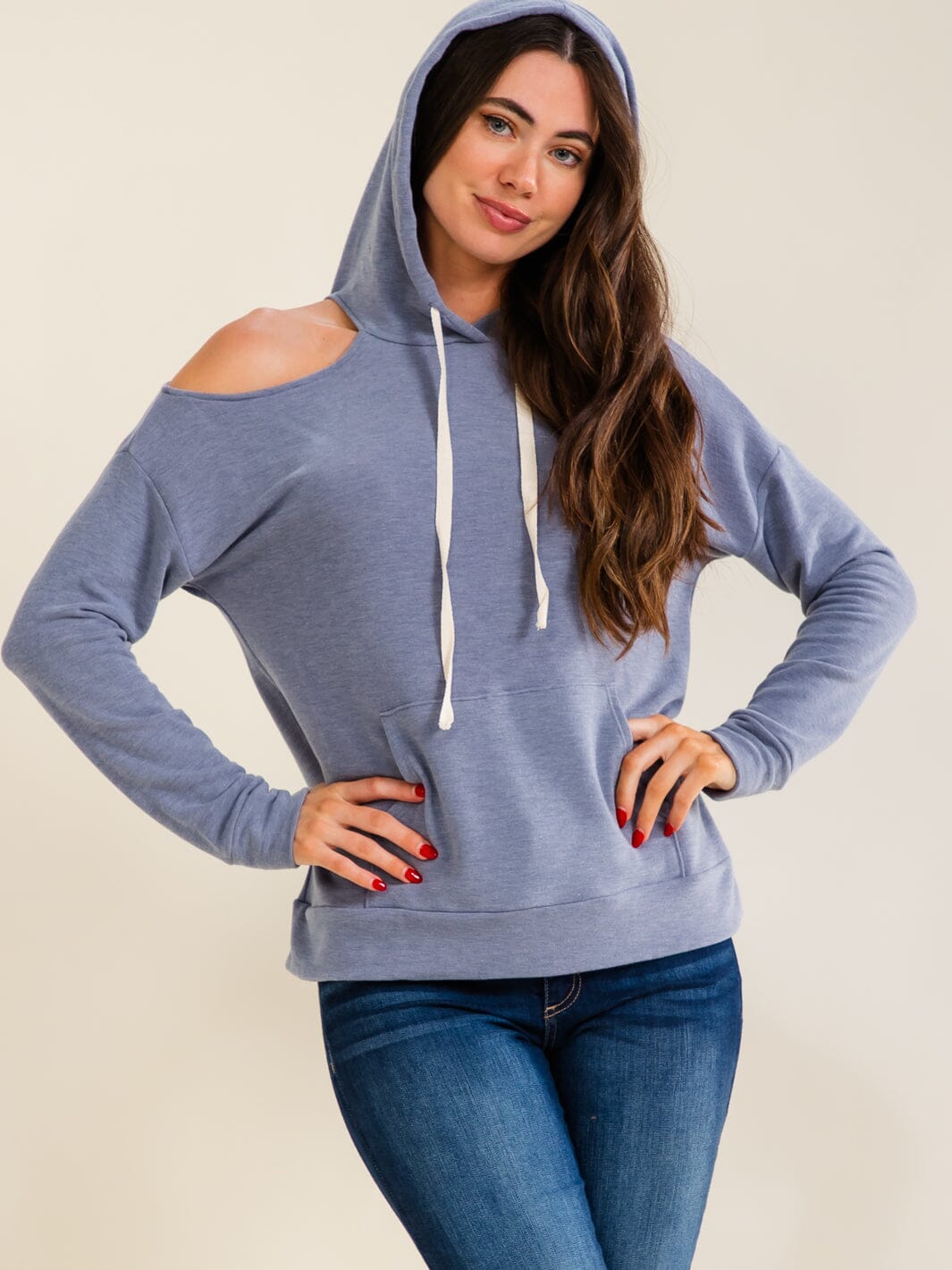 ENTRO WOMEN'S LONG SLEEVE COLD SHOULDER HOODIES TOP