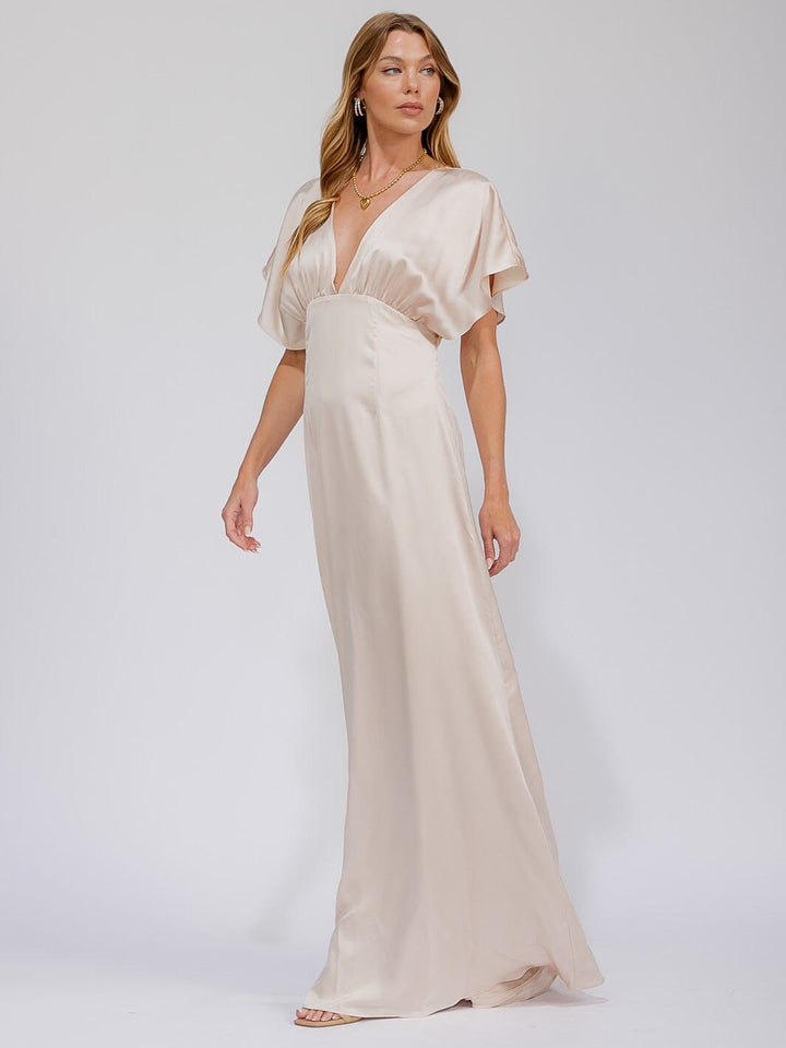 WOMEN'S SHORT SLEEVE V-NECK BACK CUT OUT MAXI GOWN DRESS