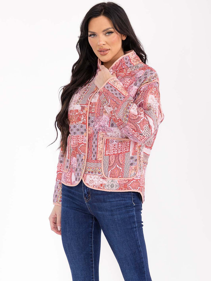 WOMEN'S LONG SLEEVE BUTTON CLOSURE FRONT POCKETS MULTI PRINT JACKET