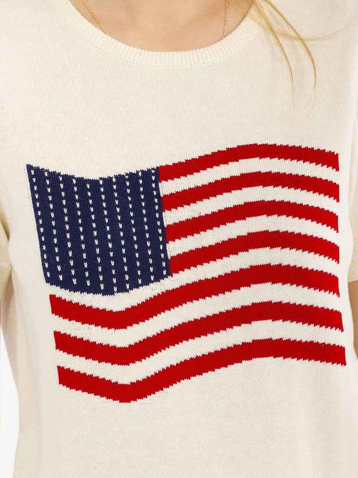 WOMEN'S SHORT SLEEVE AMERICA FLAG KNIT TOP