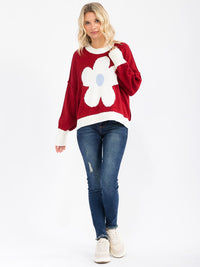 WOMEN'S LONG SLEEVE COLORBLOCK FLOWER PULLOVER KNIT SWEATER