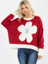 WOMEN'S LONG SLEEVE COLORBLOCK FLOWER PULLOVER KNIT SWEATER