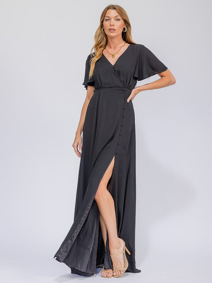 WOMEN'S SHORT SLEEVE SURPLICE FRONT SLIT MAXI GOWN DRESS