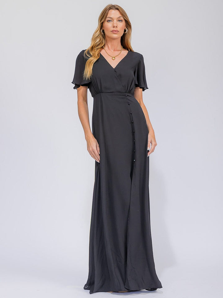 WOMEN'S SHORT SLEEVE SURPLICE FRONT SLIT MAXI GOWN DRESS