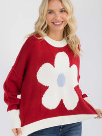 WOMEN'S LONG SLEEVE COLORBLOCK FLOWER PULLOVER KNIT SWEATER