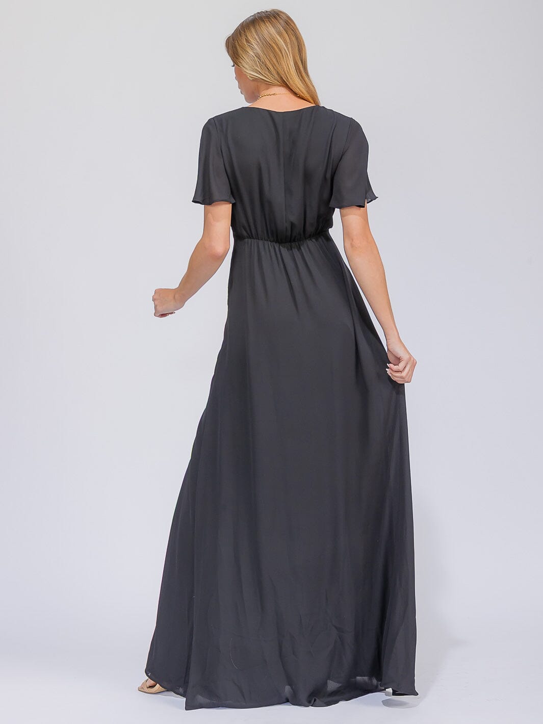 WOMEN'S SHORT SLEEVE SURPLICE FRONT SLIT MAXI GOWN DRESS