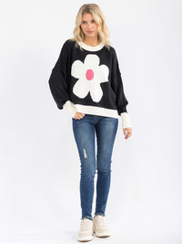WOMEN'S LONG SLEEVE COLORBLOCK FLOWER PULLOVER KNIT SWEATER