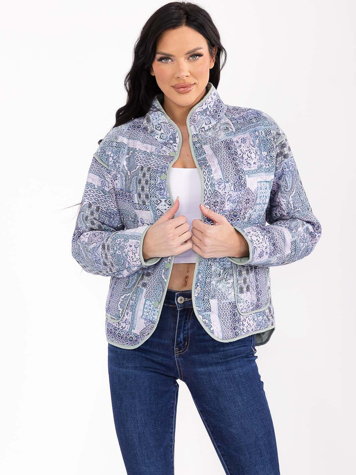 WOMEN'S LONG SLEEVE BUTTON CLOSURE FRONT POCKETS MULTI PRINT JACKET