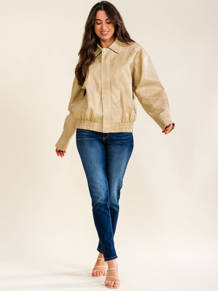 WOMEN'S LONG SLEEVE BUTTON CLOSURE ZIP UP FRONT POCKETS PU PLEATHER JACKET