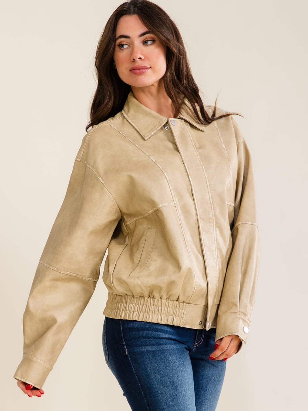 WOMEN'S LONG SLEEVE BUTTON CLOSURE ZIP UP FRONT POCKETS PU PLEATHER JACKET