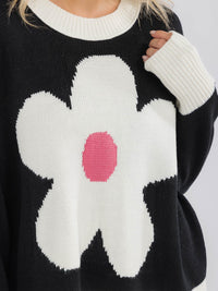 WOMEN'S LONG SLEEVE COLORBLOCK FLOWER PULLOVER KNIT SWEATER